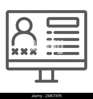 Icona della linea di database criminale, dati e crimine, segno di monitor, grafica vettoriale, un disegno lineare su sfondo bianco, eps 10. Illustrazione Vettoriale