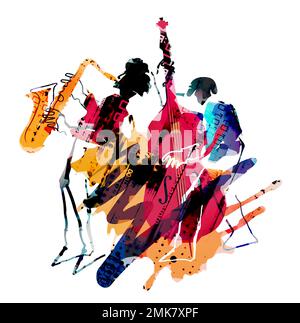 Tema Jazz, musicista e sassofonista di contrabbasso. Illustrazione espressiva di due musicisti jazz. Isolato su sfondo bianco. Foto Stock