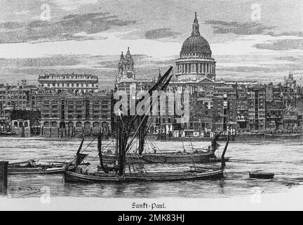 Cupola di San Paul, città di Londra, illustrazione storica del Tamigi, incisione in legno, 19th ° secolo Foto Stock