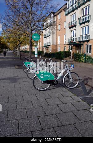 Biciclette OVO parcheggiate in uno stand, Cardiff, Galles del Sud. Gennaio 2023. Inverno Foto Stock