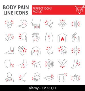 Set di icone linea sottile dolore corpo, raccolta di simboli dolore organi, schizzi vettoriali, illustrazioni logo, pacchetto pittogrammi lineari segni di malattia isolato su sfondo bianco, eps 10. Illustrazione Vettoriale