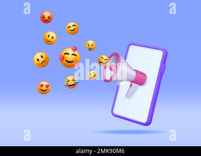 3D Megaphone con emoticon e smartphone Illustrazione Vettoriale