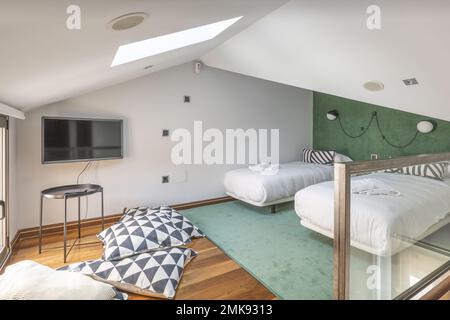 Camera con due letti in un appartamento attico mansardato con lucernari, TV e tappeto verde Foto Stock