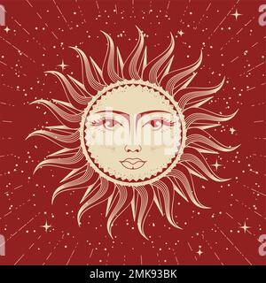Sole con volto femminile, astrologia, divinazione e magia, il dispositivo dell'universo, oroscopo esoterico sole, vettore Illustrazione Vettoriale