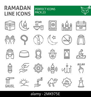 Set di icone della linea Ramadan, collezione di simboli islamici, schizzi vettoriali, illustrazioni del logo, pacchetto di pittogrammi lineari dei segni musulmani isolato su sfondo bianco, eps 10. Illustrazione Vettoriale