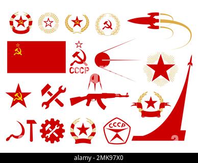 Simbolo dell'URSS, insieme di icone del comunismo e del socialismo, emblemi sovietici, stella, martello e falce, bandiera e stella dell'URSS, corona di grano e alloro, spacco Illustrazione Vettoriale