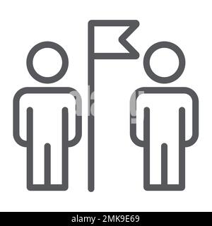 Icona della linea di lavoro di squadra, squadra e persone, due uomini e segno di bandiera, grafica vettoriale, un motivo lineare su sfondo bianco, eps 10. Illustrazione Vettoriale