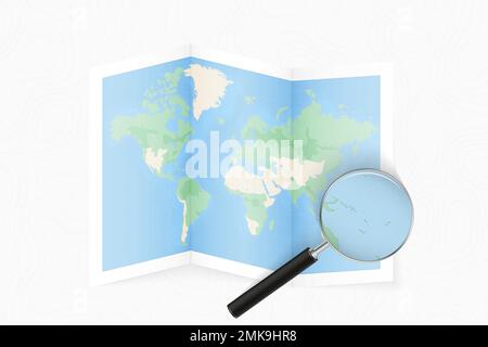 Ingrandisci Vanuatu con una lente d'ingrandimento su una mappa piegata del mondo. Mappa vettoriale su carta. Illustrazione Vettoriale