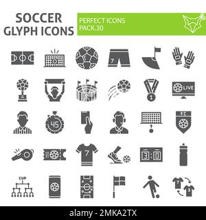 Set icone glifo calcio, collezione di simboli calcio, schizzi vettoriali, illustrazioni logo, cartellonistica gioco sportivo pacchetto pittogrammi solido isolato su sfondo bianco, eps 10. Illustrazione Vettoriale
