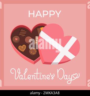 Cartolina per buon San Valentino. Box of Candies and lettering Vector Illustration in Flat Style Illustrazione Vettoriale