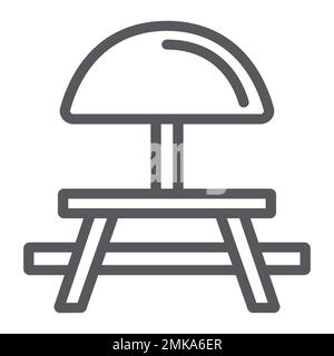 Icona della linea del tavolo da campeggio, mobili e viaggi, cartello da picnic, grafica vettoriale, un motivo lineare su sfondo bianco, eps 10. Illustrazione Vettoriale