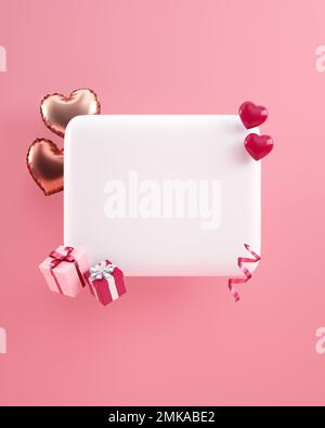 San Valentino Love message modello casella quadrata testo con ornamenti romantici su sfondo rosa per il post feed dei social media nell'illustrazione 3D Foto Stock