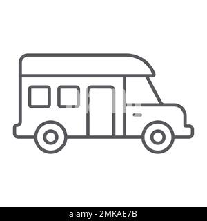 Icona della linea sottile del motorhome, trasporto e auto, cartello del trailer, grafica vettoriale, un motivo lineare su sfondo bianco, eps 10. Illustrazione Vettoriale