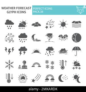 Set icone glifi previsioni meteo, collezione simboli climatici, schizzi vettoriali, illustrazioni logo, segni meteorologici pacchetto pittogrammi solidi isolato su sfondo bianco, eps 10. Illustrazione Vettoriale