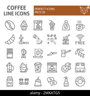 Set di icone della linea caffè, collezione di simboli caffè, schizzi vettoriali, illustrazioni logo, pacchetto di pittogrammi lineari dei segni caffeina isolato su sfondo bianco, eps 10. Illustrazione Vettoriale