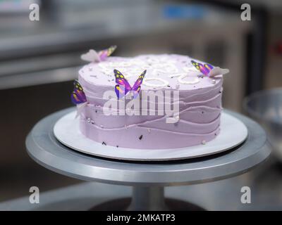 torta ghiacciata di 20 anni decorata con una frase crema fatta a mano, farfalle, perle, spolverate da designer panettiere Foto Stock