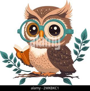 Cartoon carino gufo saggio con un carattere vettore libro. Animale intelligente, illustrazione allegra per bambini. Colorato divertente bel design. Illustrazione Vettoriale