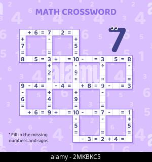 Math Crossword puzzle per bambini. Aggiunta e sottrazione. Illustrazione Vettoriale
