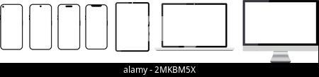 Set di smartphone realistici per computer portatili con schermo trasparente. Modello di gadget per tablet, mockup per i dispositivi portatili dei computer portatili dei gruppi PC. Telefono iPad e m Illustrazione Vettoriale