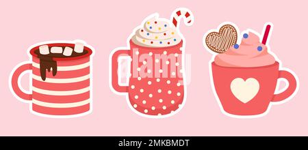 Set di bevande di San Valentino, bevande con Marshmallow Vector Illustration con cuori in stile piatto Illustrazione Vettoriale