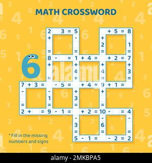 Math Crossword puzzle per bambini. Aggiunta e sottrazione. Illustrazione Vettoriale