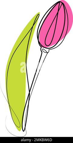 Disegno a contorno di un fiore di tulipano in una linea in uno stile minimalista con macchie colorate in tonalità di tendenza. art. linea Grafica a una riga. Adesivo. Icona. Isolare. Adatto per motivi, poster o etichette. EPS Illustrazione Vettoriale