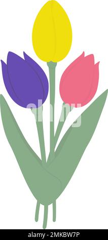 Bouquet di 3 colorati fiori di tulipano in stile cartoon piatto in tonalità tenui alla moda. Adesivo. Icona. Isolare. Ideale per motivi, poster, brochure o prezzi, etichette, biglietti d'auguri o biglietti d'invito. EPS Illustrazione Vettoriale