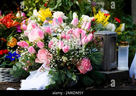 tulipani rosa e rose su una tomba dopo un funerale Foto Stock