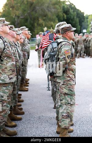 I soldati dell'Arsenal di Rock Island, Illinois, stanno in formazione il 9 settembre prima di imbarcarsi in una passeggiata di 2,5 miglia Remembrance per ricordare le persone perse durante gli attacchi terroristici il 11 settembre 2001. I soldati portarono bandiere americane su un percorso attraverso un posto che terminò al RIA 9/11 Memorial, dove posero le bandiere in un campo adiacente al memoriale. Foto Stock