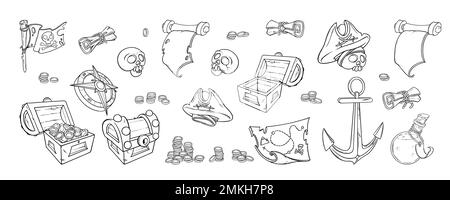 Set di doodle pirata. Schizzo del petto con monete, mappa del tesoro, bussola e altri oggetti pirata. Illustrazione vettoriale isolata su sfondo bianco Illustrazione Vettoriale