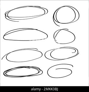 Set di oggetti disegnati a mano per uso di progettazione. Cerchi neri vector doodle su sfondo trasparente. Disegno astratto. Illustrazione artistica grunge Illustrazione Vettoriale