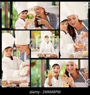 HES sarà un primo giorno un maestro chef. Immagine composita di un giovane ragazzo che cuoce con la madre. Foto Stock