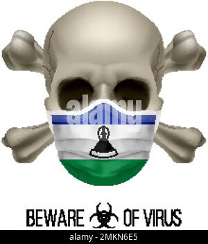 Cranio umano con ossa incrociate e maschera chirurgica nel colore del Lesotho bandiera nazionale. Maschera in forma di bandiera e cranio come concetto di Dire Warning tha Illustrazione Vettoriale