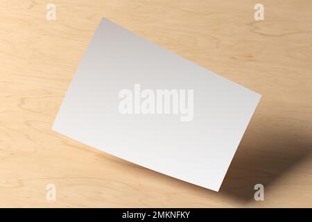 Mockup orizzontale di carta per volantini A4 flottante su sfondo di legno Foto Stock