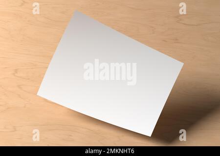 Mockup orizzontale di carta per volantini A4 flottante su sfondo di legno Foto Stock