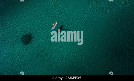 Foto aerea del surfista che cammina a bordo di un sup board sul lago tranquillo e limpido Foto Stock
