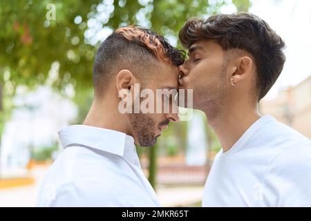 Due uomini ispanici coppia in piedi insieme baciare al parco Foto Stock