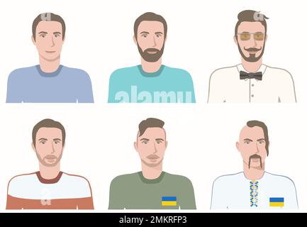 Set di avatar uomo per i social network con acconciature diverse. Illustrazione Vettoriale