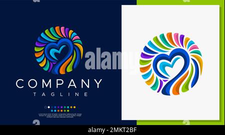 Modello con logo Circle Heart. Design colorato con logo a cuore. Illustrazione Vettoriale