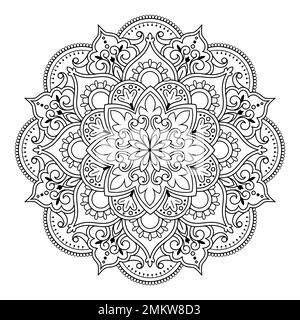 Linea nera mandala su sfondo bianco. Schema ornamento rotondo. Indiano. Arabo, ornamento islam, simbolo della cultura buddista Illustrazione Vettoriale
