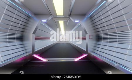 Tecnologia tunnel stazione spaziale futuristico interno 3D render Foto Stock