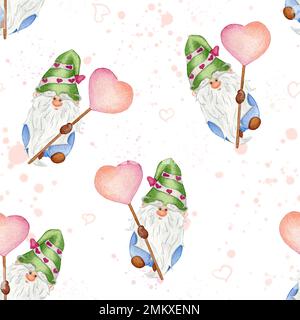 Modello senza cuciture Gnomes per San Valentino. Acquerello Illustrazione di un nano con un cuore Lollipop Foto Stock