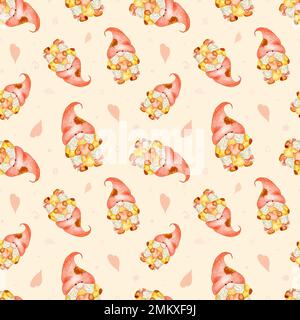 Modello senza cuciture Gnomes per San Valentino. Acquerello Illustrazione di un nano con un cuore Foto Stock