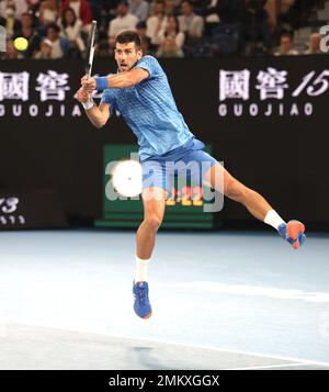 Melbourne, Australia. 29th Jan, 2023. Tennis: Grand Slam - Australian Open, Singles, Men, Final Tsitsipas (Grecia) - Djokovic (Serbia): Novak Djokovic in azione. Credit: Frank Molter/dpa/Alamy Live News Foto Stock