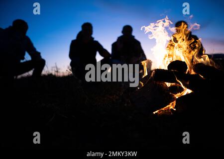 un gruppo di amici si è riunito intorno al fuoco di notte Foto Stock