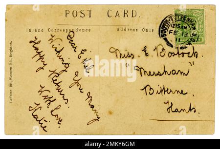 Retro della cartolina originale, inviato da South Tottenham, Londra, Regno Unito Re verde Giorgio V 1/2 d (mezzo pence / penny) timbro. Data/pubblicazione 13th febbraio 1911. Foto Stock