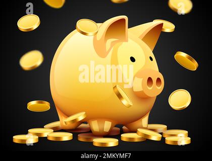 Le monete d'oro volano intorno alla banca del piggy. Simbolo del profitto e della crescita. Investimenti e risparmi. Illustrazione vettoriale Illustrazione Vettoriale