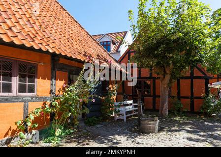 Case a graticcio delle vecchie tinture con il Museo dello Jutland Orientale di Ebeltoft, Djursland, Danimarca Foto Stock