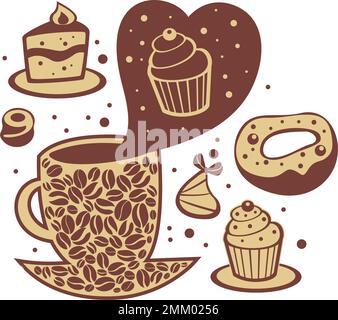 Caffè e dessert sfondo decorativo. Illustrazione del vettore piatto Illustrazione Vettoriale