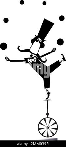 L'uomo equilibrista sul monociclo giocolano le palle. L'uomo divertente nel cappello si bilancia sul monociclo e giocolisce le palle. Nero su bianco Illustrazione Vettoriale